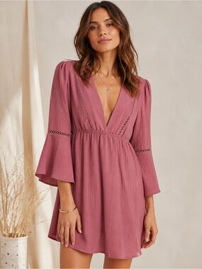 B Collection Dusty Rose Boho Mini Dress Small Bell Sleeve Deep V Empire Waist